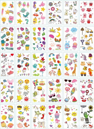 Set of 30 temporary tattoo stickers featuring pink and purple butterflies, flowers, bunnies, and moon designs. - Image 35