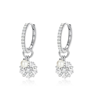 Aretes de Plata S925 con Perla y Diseño de Copo de Nieve - Image 2