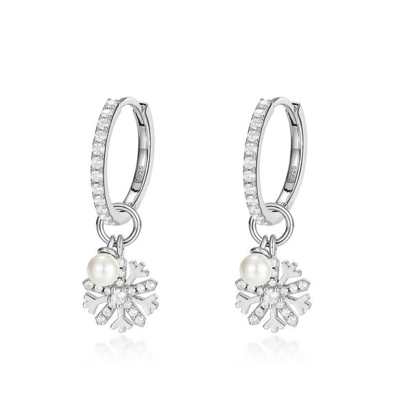 Aretes de Plata S925 con Perla y Diseño de Copo de Nieve