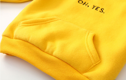 Bright yellow baby hooded sweater with "OH, YES." text, long sleeves, ribbed cuffs, and a kangaroo pocket. - Image 11