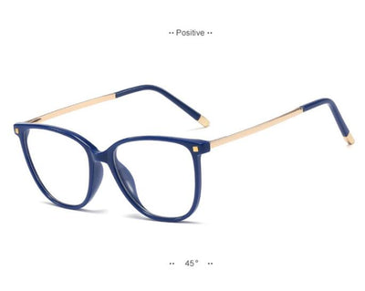 Black full-frame blue light blocking glasses with gold-colored metal temples on a white background. - Image 10