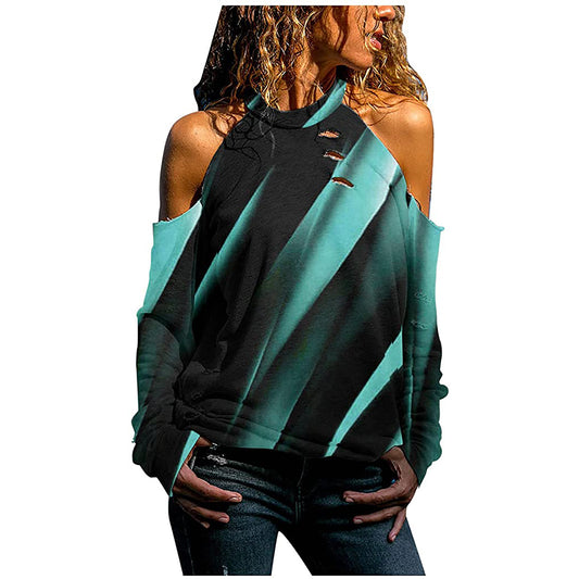 Blusa Estampada Halter Escotada de Manga Larga