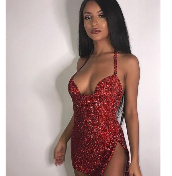 Vestido Mini Rojo con Diamantes de Metal - Image 9