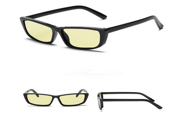 Black retro square sunglasses with small rectangular lenses, shown from top, front, and side views. - Image 7