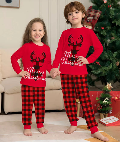 Family of four wearing matching red and black buffalo plaid Christmas pajamas with reindeer and "Merry Christmas" text. - Image 12