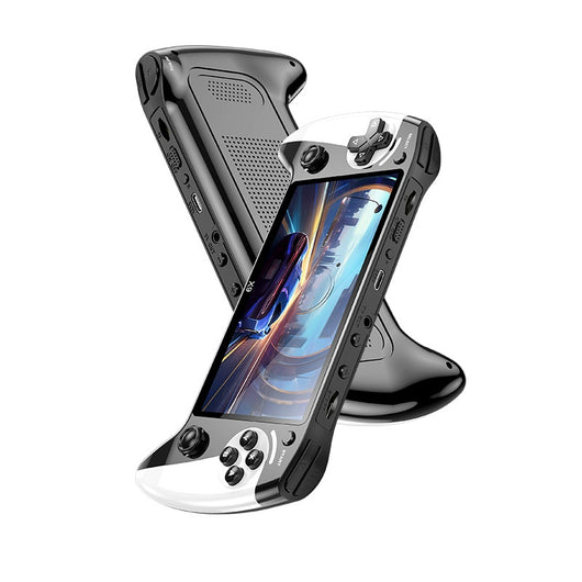 Black and white X9 portable handheld gaming console with a large screen displaying a racing game. - Image 4