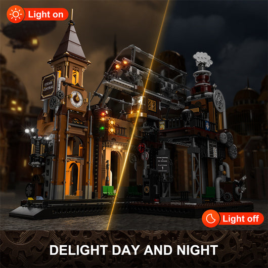 Maqueta de Estación de Tren Steampunk con Bloques de Construcción y Luz LED - Image 3