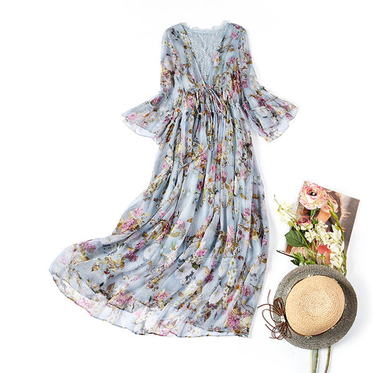Vestido Elegante de Seda con Encaje y Escote en V - Image 8