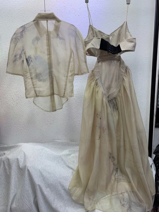Conjunto Artesanal Dos Piezas: Blusa Chifón Pintada a Mano con Falda Suspender Cintura Alta - Image 8