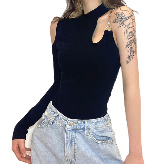 Blusa Ajustada Cuello Redondo Manga Asimétrica Corta - Image 3