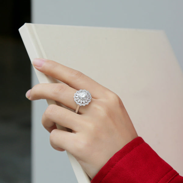 Anillo de Plata S925 con Moissanita Floral Ajustable para Mujer