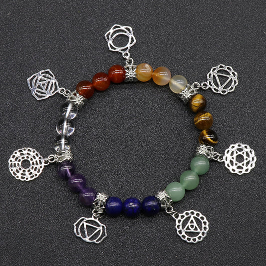 Pulsera de Chakras con Ágata Multicolor y Símbolo Yoga
