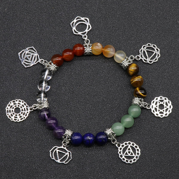 Pulsera de Chakras con Ágata Multicolor y Símbolo Yoga