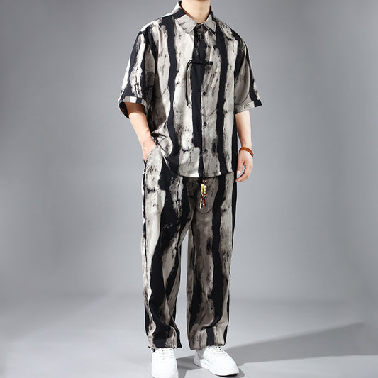 Conjunto de Camisa y Pantalón Slim Fit en Seda de Hielo con Botones de Nudo Chino