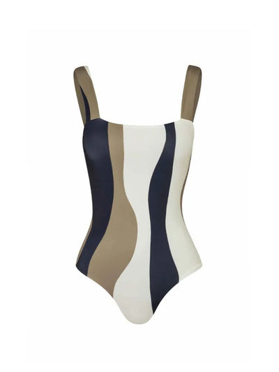 Green and white abstract wavy print one-piece swimsuit with matching sarong, offering conservative belly coverage. - Image 2