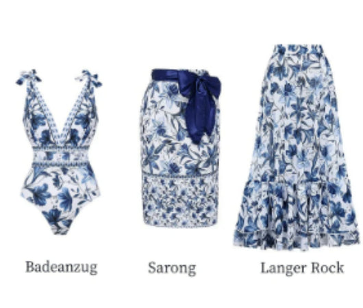 Women's white one-piece swimsuit with deep V-neck, blue floral and geometric patterns, and tie-shoulder straps. - Image 10