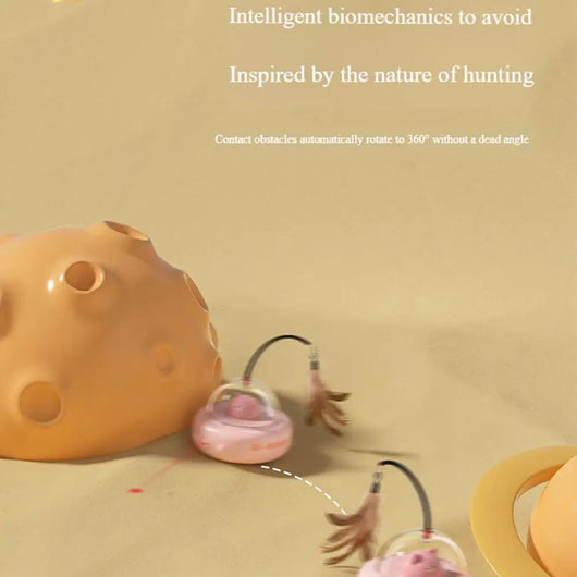 Electric interactive cat toy with a beige base, clear dome, and a cute cat head inside. Features a feather teaser wand with a bell. - Image 15