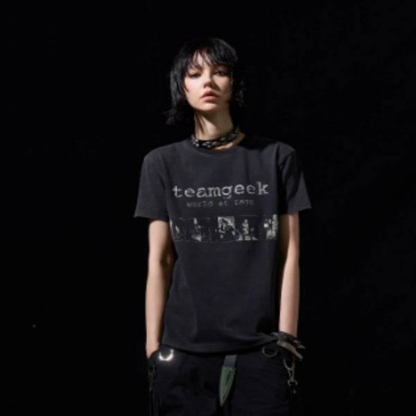 Camiseta Punk Rock Vintage Estampada de Algodón Lavado
