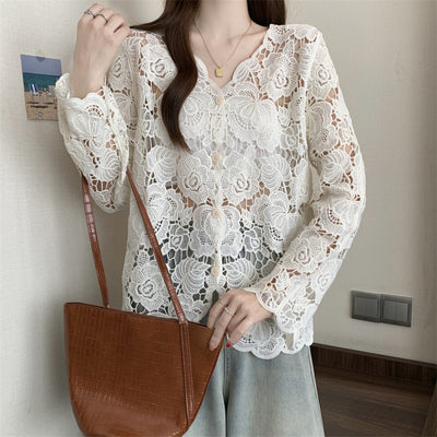 Blusa Larga de Encaje Calado con Mangas Largas para Mujer - Image 15