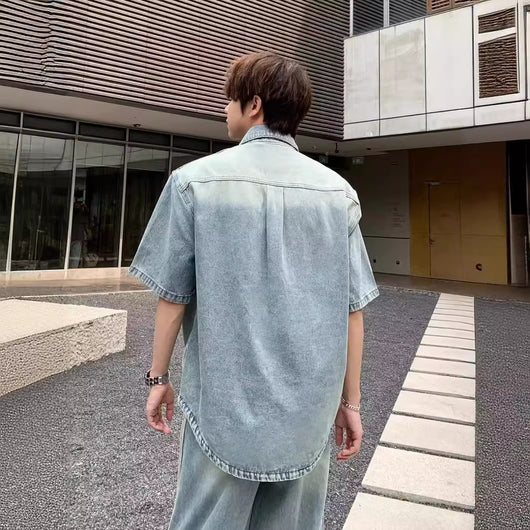 Camisa Denim Retro con Tres Rayas Laterales para Hombre - Image 4