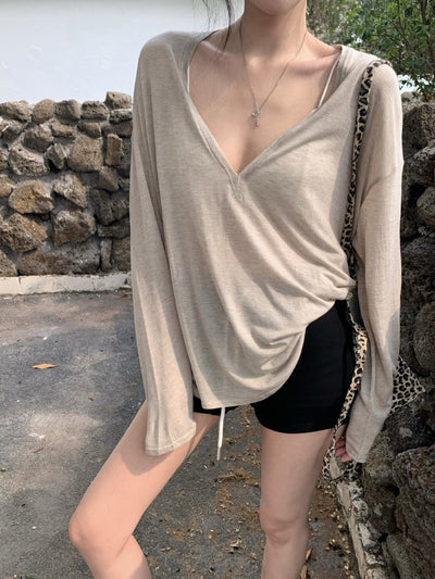 Blusa Suelta Transparente Cuello V Manga Larga Protección Solar - Image 13