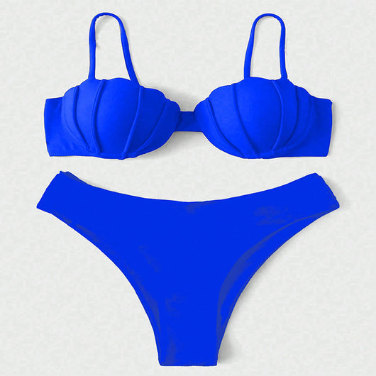 Vibrant blue two-piece bikini with seashell-shaped top and high-cut bottoms, perfect for beach or pool. - Image 8