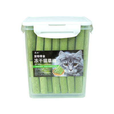 Clear plastic container of green freeze-dried cat grass chicken stick treats with a label featuring a grey cat. - Image 5