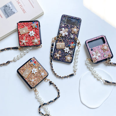 Funda Tipo Flip para Teléfono Plegable con Flores, Lentejuelas, Rhinestones y Perlas