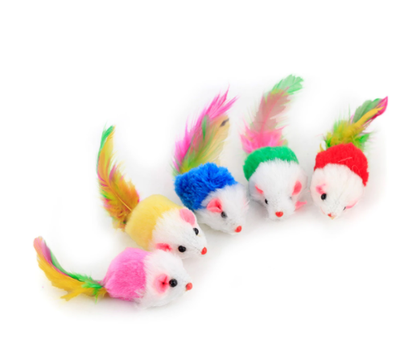Plush mouse cat toy with a grey and white body, pink ears, and a vibrant feather tail in pink, yellow, and blue. - Image 2