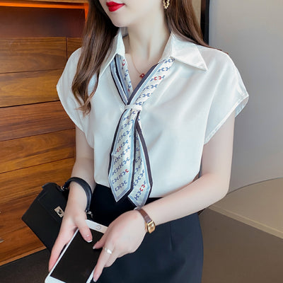 Blusa Elegante de Gasa con Escote V y Mangas Cortas - Image 3
