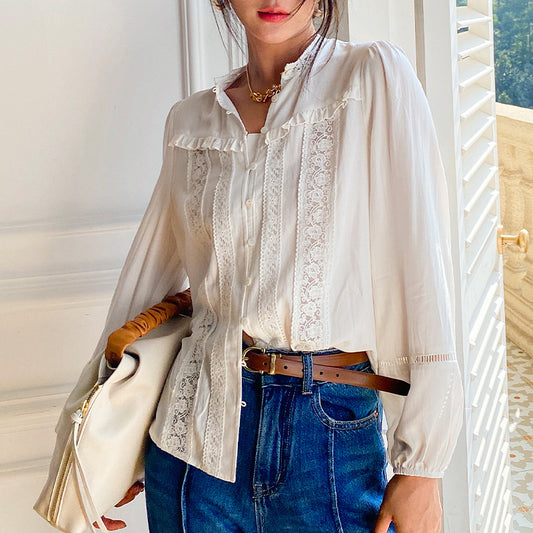 Blusa Francesa Clásica de Manga Larga Delgada para Mujer