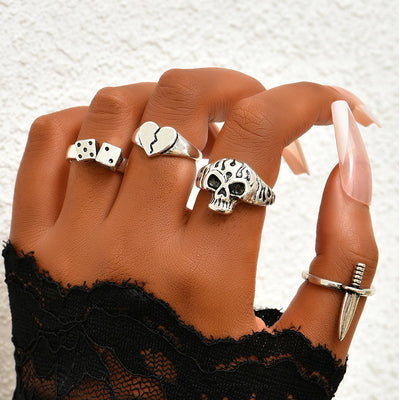 Juego de Anillos Calavera y Corazón con Dados para Mujer