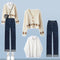 Conjunto de 3 Piezas: Cardigan Tejido + Jeans Reductores