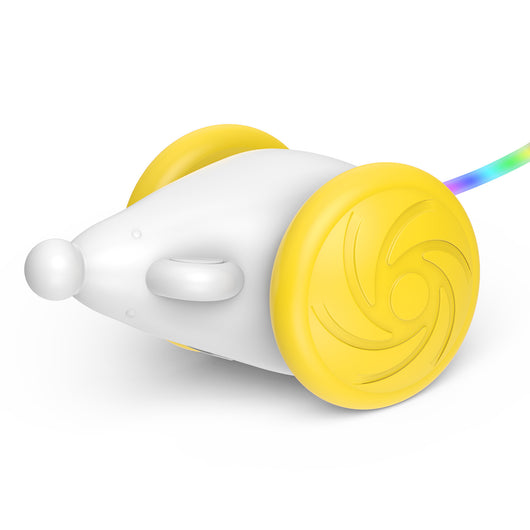 White and blue interactive cat toy shaped like a mouse with large wheels and a colorful, luminous tail. - Image 14