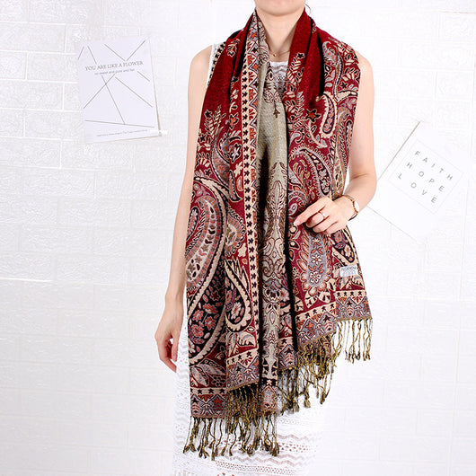Bufanda Larga Étnica con Patrón de Anacardo - Chal Jacquard para Mujer - Image 14