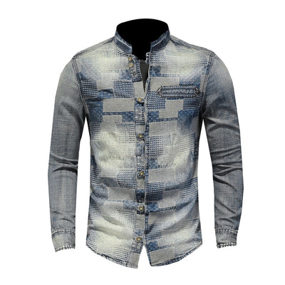 Camisa Denim Punk con Parches de Colores Retro para Hombre - Image 7
