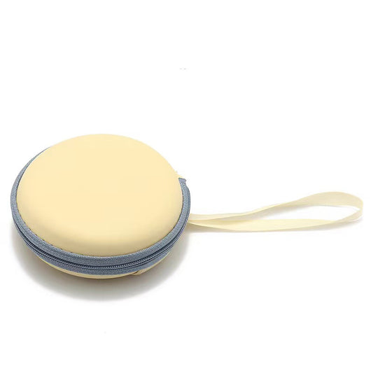 Cream and grey round zippered glasses case with a cream strap, shown from front and back views. - Image 11