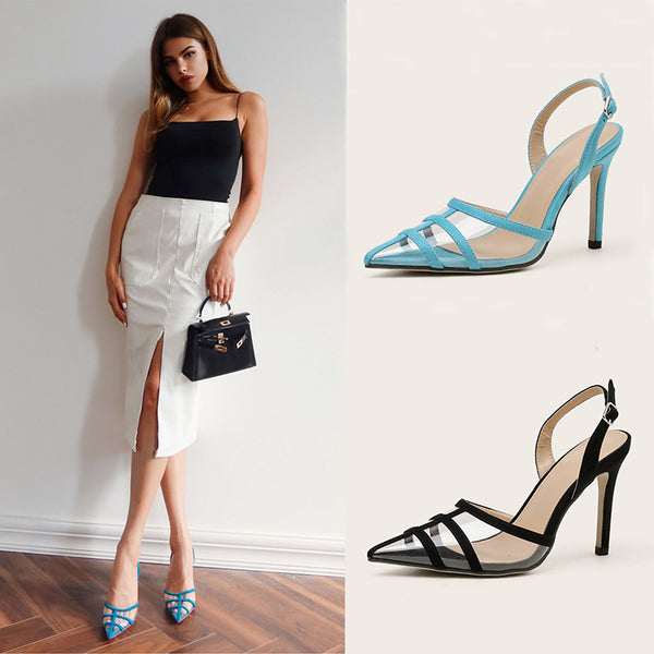 Sandalias de Tacón Stiletto Puntiagudo con Detalles Transparentes