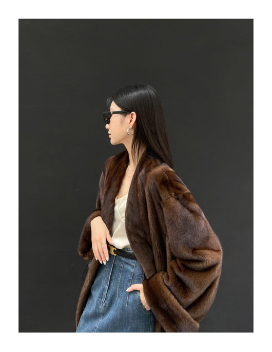 Abrigo de Visón Vintage Caramelo Cuello en V Largo para Mujer - Image 12