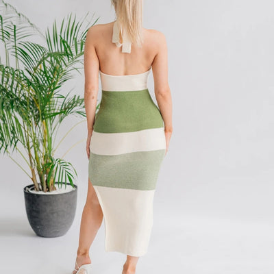 Vestido Halter Asimétrico de Punto Sin Mangas - Diseño Elegante Contrastante - Image 4