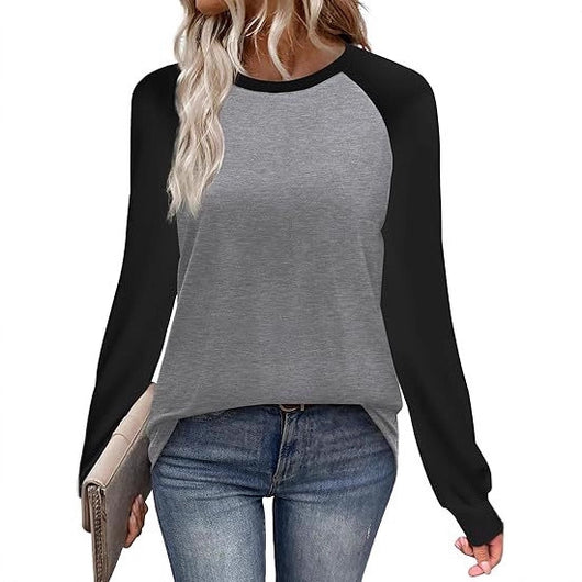 Camiseta Manga Larga Combinada Casual Cuello Redondo Multiuso