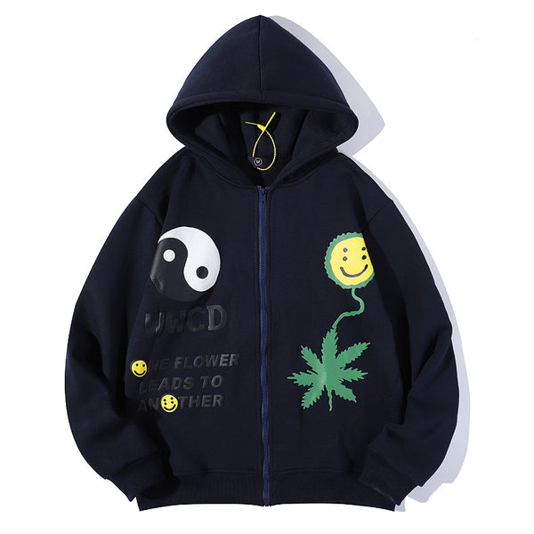 Sudadera con Capucha y Cierre de Hoja de Cáñamo 3D Smiley