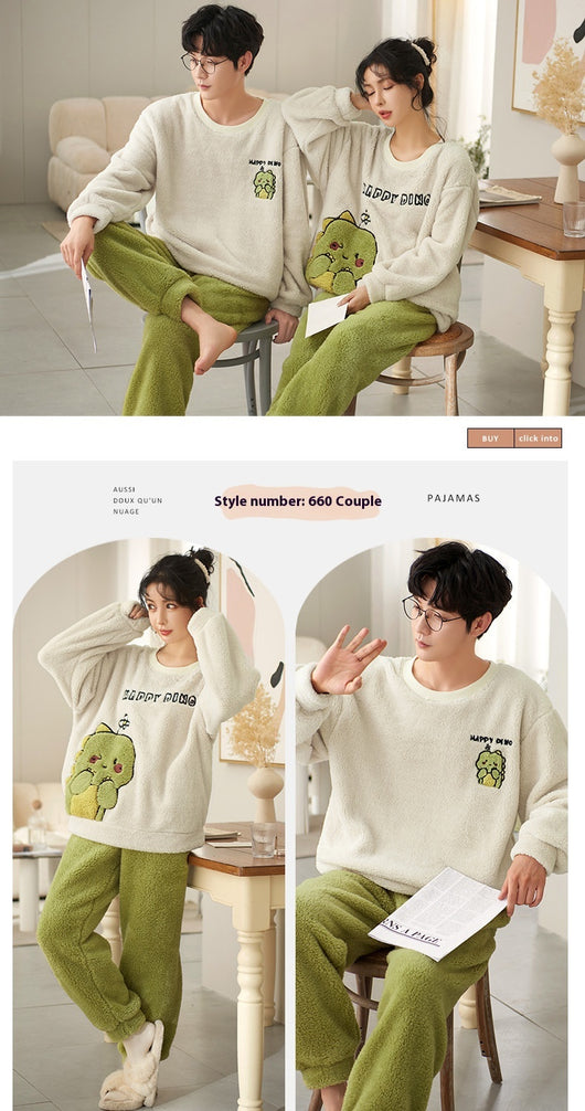 Couple wearing matching cream coral fleece pajamas with gray pants and bear embroidery, seated on a bed. - Image 31