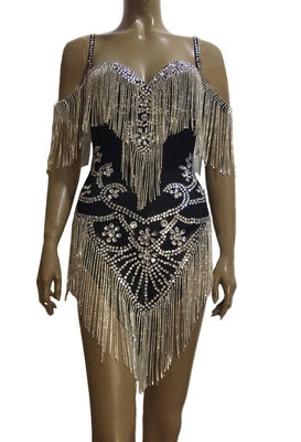 Traje de Baile Latino Brillante con Flecos y Malla Elástica