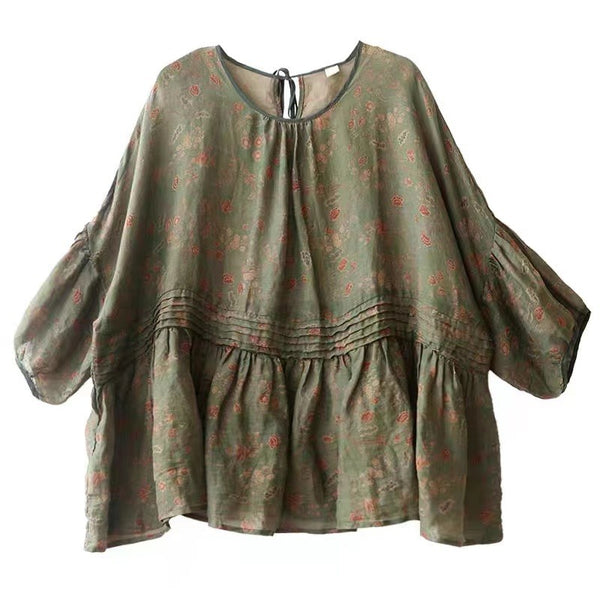 Camisa Vintage de Lino y Algodón con Estampado Floral para Verano