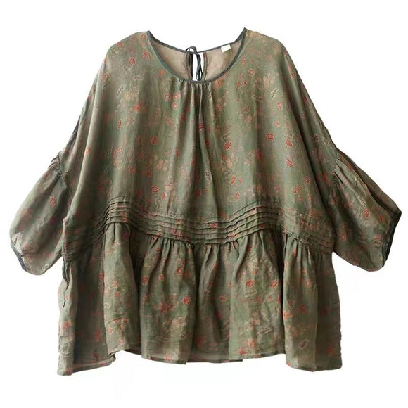 Camisa Vintage de Lino y Algodón con Estampado Floral para Verano