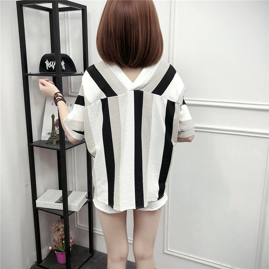 Blusa Mujer Escote V Rayas Manga Corta - Image 12