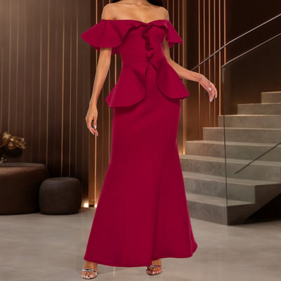 Vestido Fishtail Elegante con Volantes y Hombros Descubiertos - Image 13