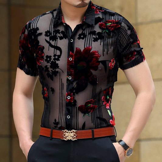 Camisa Elegante Semitransparente de Manga Corta para Hombre