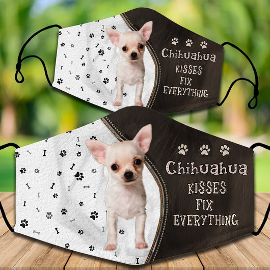 Two cotton face masks with a Bichon Frise dog, paw prints, and bones on a white and brown background. Text reads "Bichon Frise KISSES FIX EVERYTHING." - Image 25